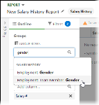 Screenshot showing outline panel with employment team member gender selected in the Group rows field